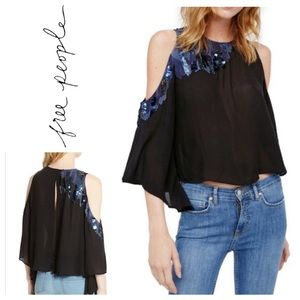 Free People All About You Sequin Black Cold Shoulder Open Back Top Sz XS